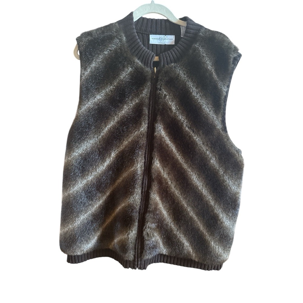 Retro Marissa Christina Brown Faux Fur Size 1X Vest Brown Knit Back Full Zip 90s